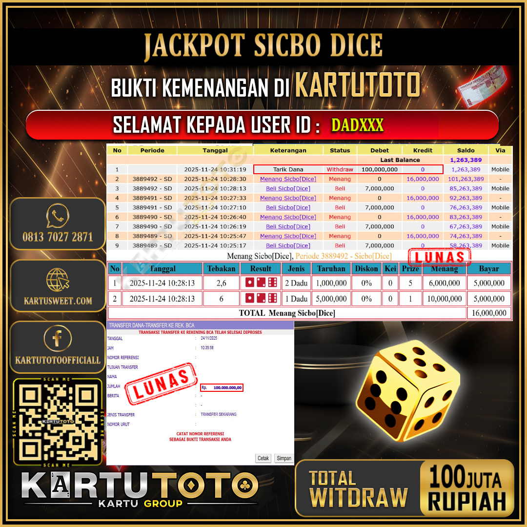 KARTUTOTO JACKPOT LIVE GAME SICBO DICE Rp.100.000.000,- LUNAS USER ID : DAD***	