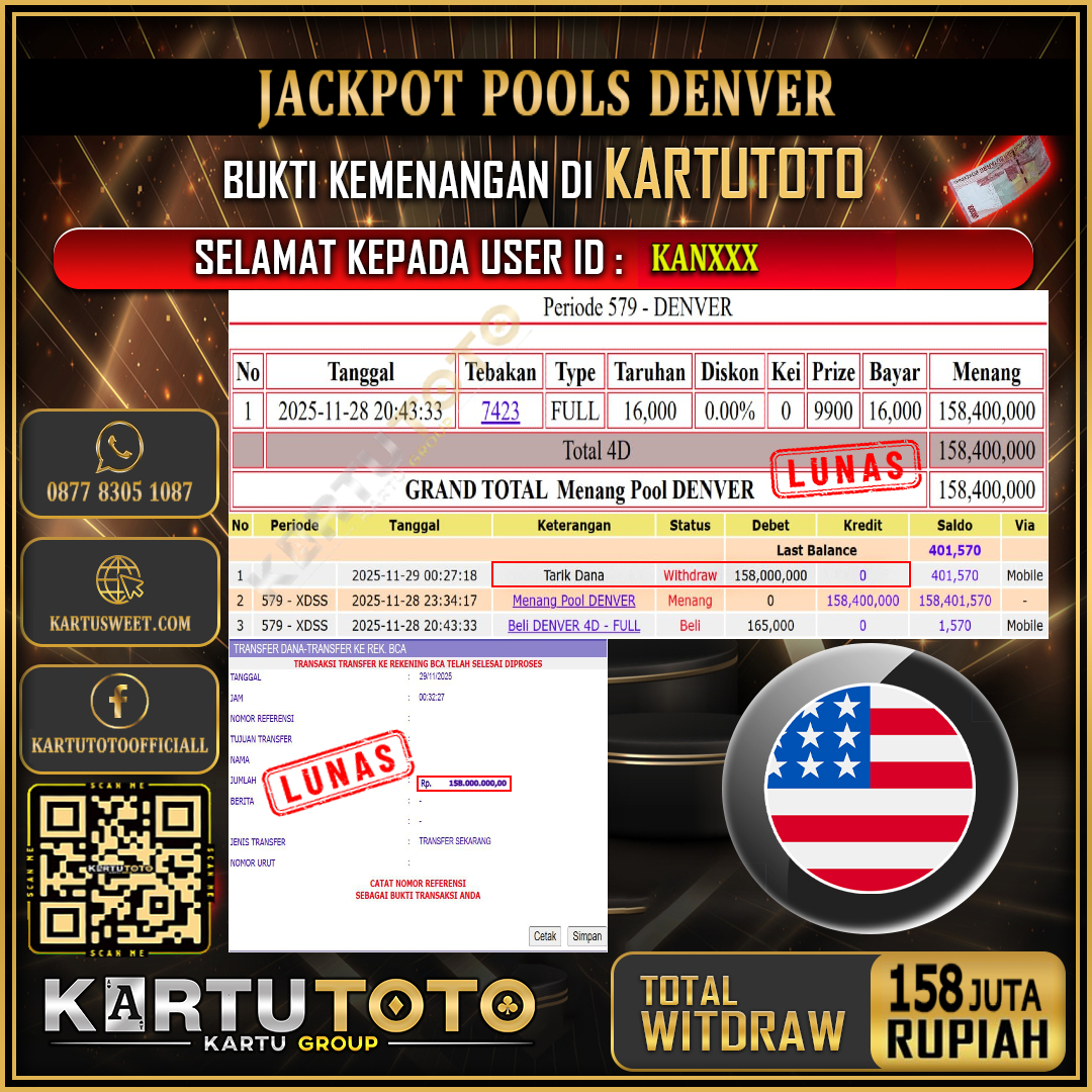 KARTUTOTO JACKPOT TOGEL DENVER Rp.158.000.000,- LUNAS USER ID : KAN***	