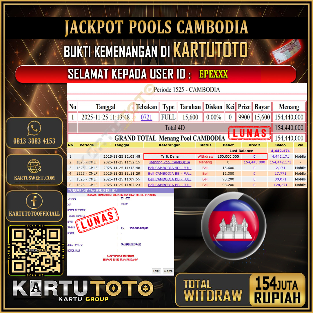 KARTUTOTO JACKPOT TOGEL CAMBODIA Rp.154.000.000,- LUNAS USER ID : EPE***	