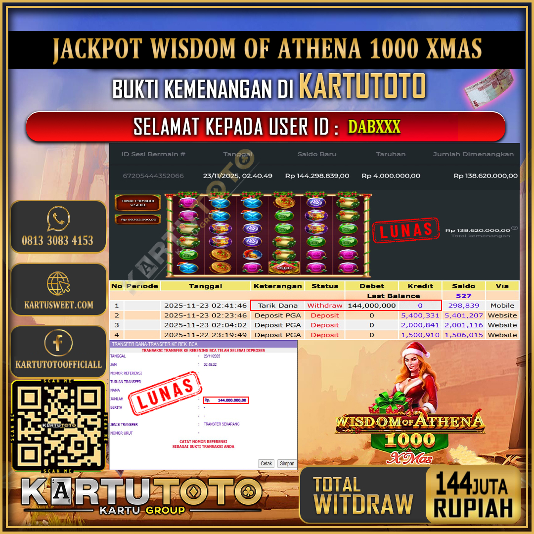 KARTUTOTO JACKPOT SLOT WISDOM OF ATHENA 1000 XMAS Rp.144.000.000,- LUNAS USER ID : DAB***	
