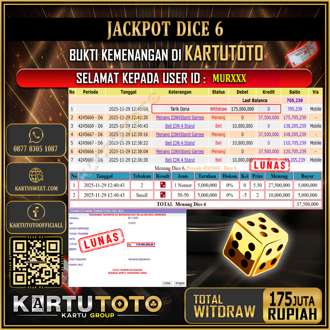 KARTUTOTO JACKPOT LIVE GAME DICE 6 Rp.175.000.000,- LUNAS USER ID : MUR***	
