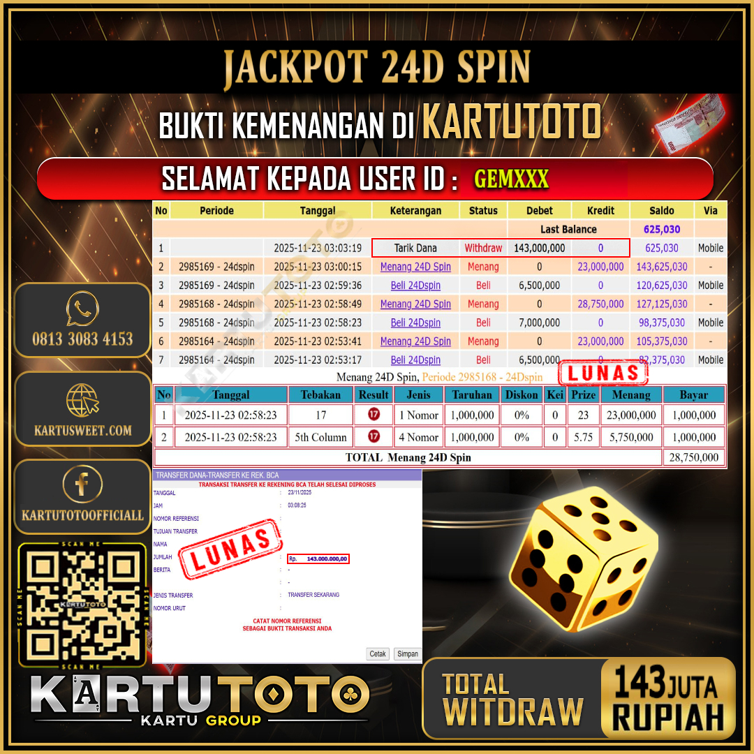 KARTUTOTO JACKPOT LIVE GAME 24D SPIN Rp.143.000.000,- LUNAS USER ID : GEM***	