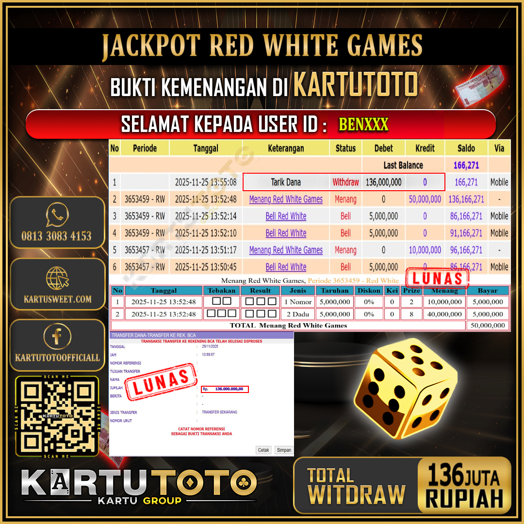 KARTUTOTO JACKPOT LIVE GAME RED WHITE GAMES Rp.136.000.000,- LUNAS USER ID : BEN***	