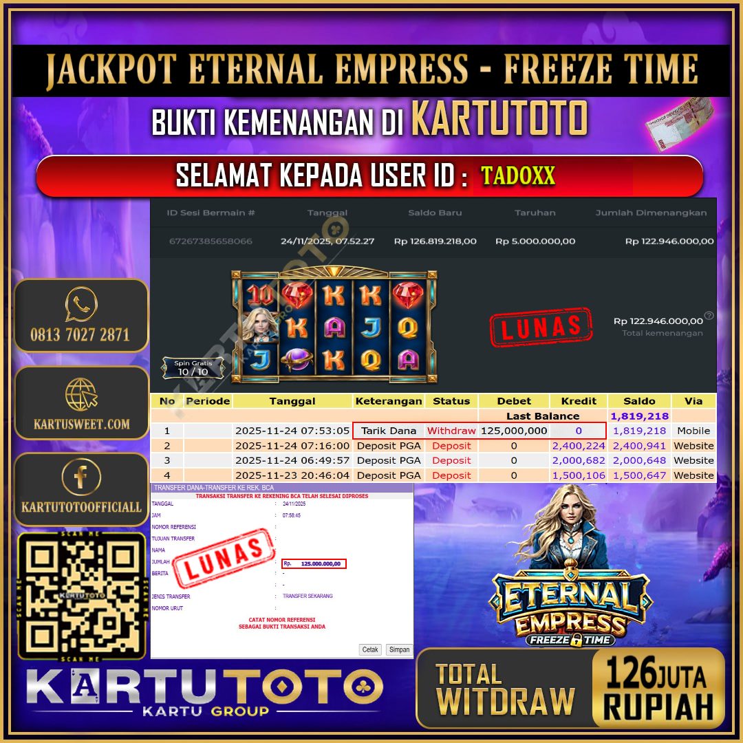 KARTUTOTO JACKPOT SLOT ETERNAL EMPRESS - FREEZE TIME Rp.126.000.000,- LUNAS USER ID : TADO***	