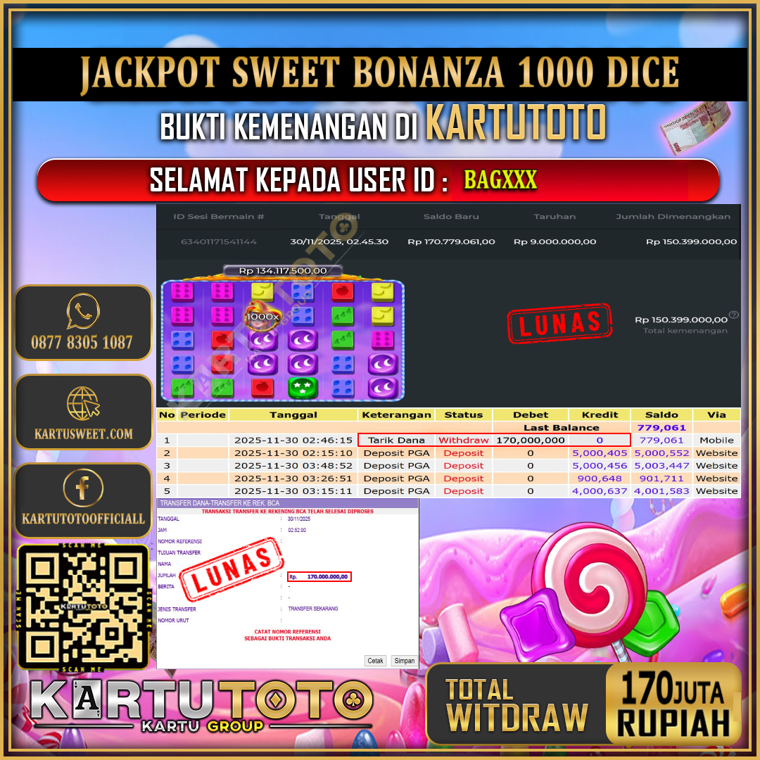 KARTUTOTO JACKPOT SLOT SWEET BONANZA 1000 DICE Rp.170.000.000,- LUNAS USER ID : BAG***	