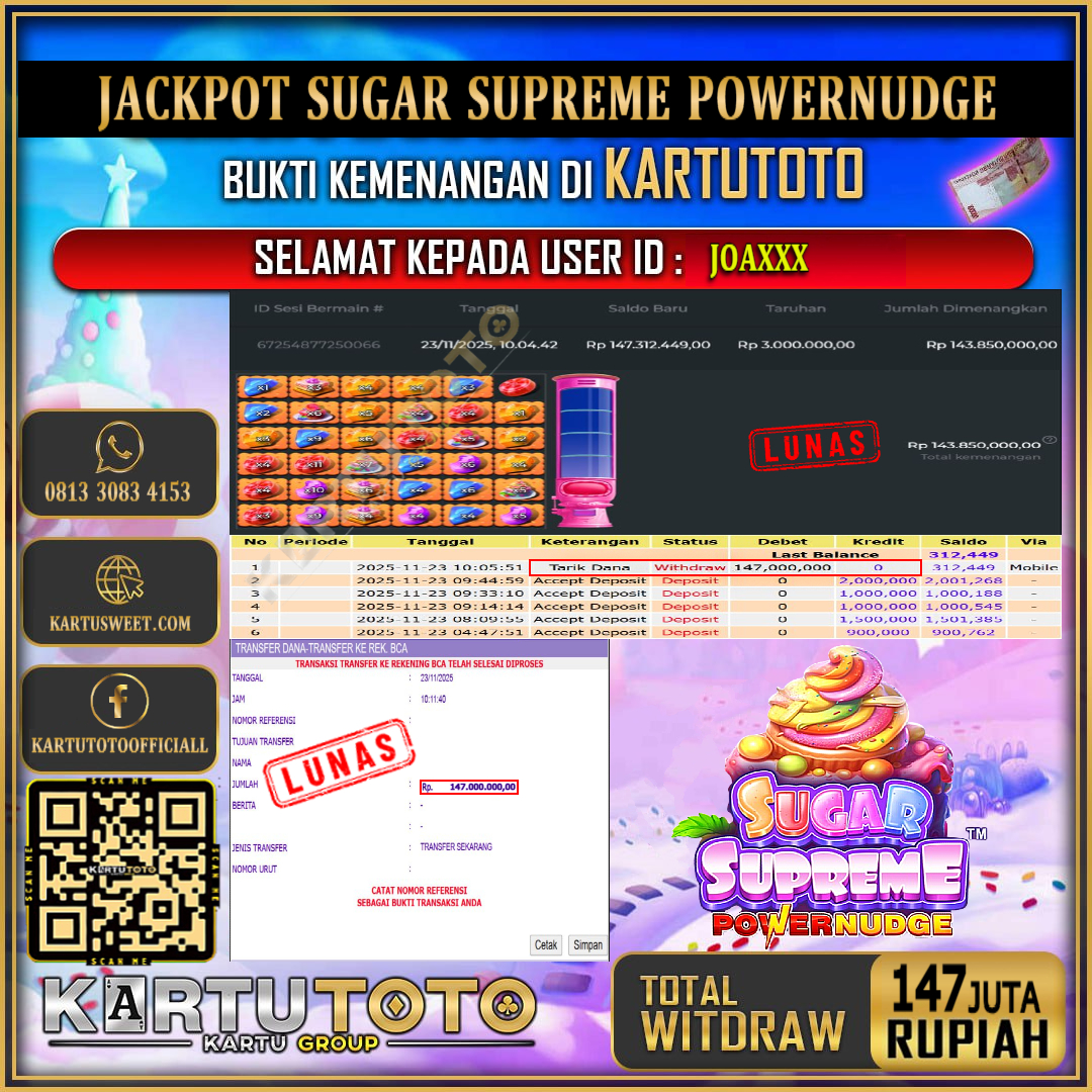 KARTUTOTO JACKPOT SLOT SUGAR SUPREME POWERNUDGE Rp.147.000.000,- LUNAS USER ID : JOA***	