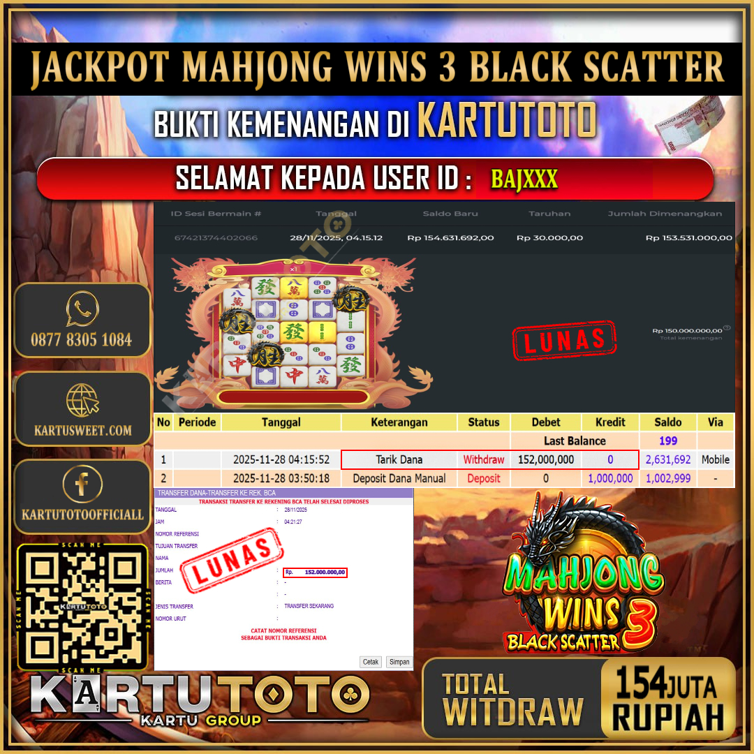 KARTUTOTO JACKPOT SLOT MAHJONG WINS 3 - BLACK SCATTER Rp.154.000.000,- LUNAS USER ID : BAJ***	