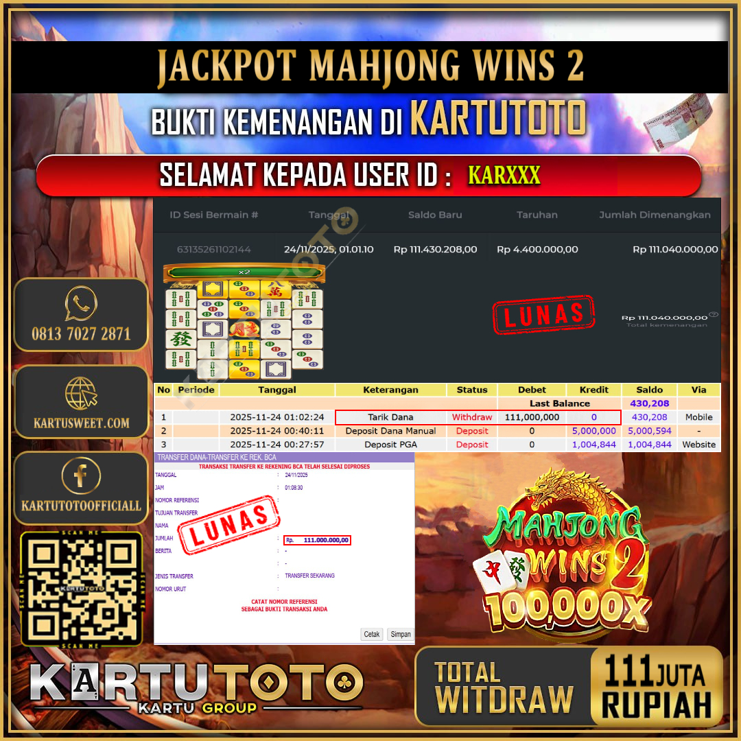 KARTUTOTO JACKPOT SLOT MAHJONG WINS 2 Rp.111.000.000,- LUNAS USER ID : KAR***	