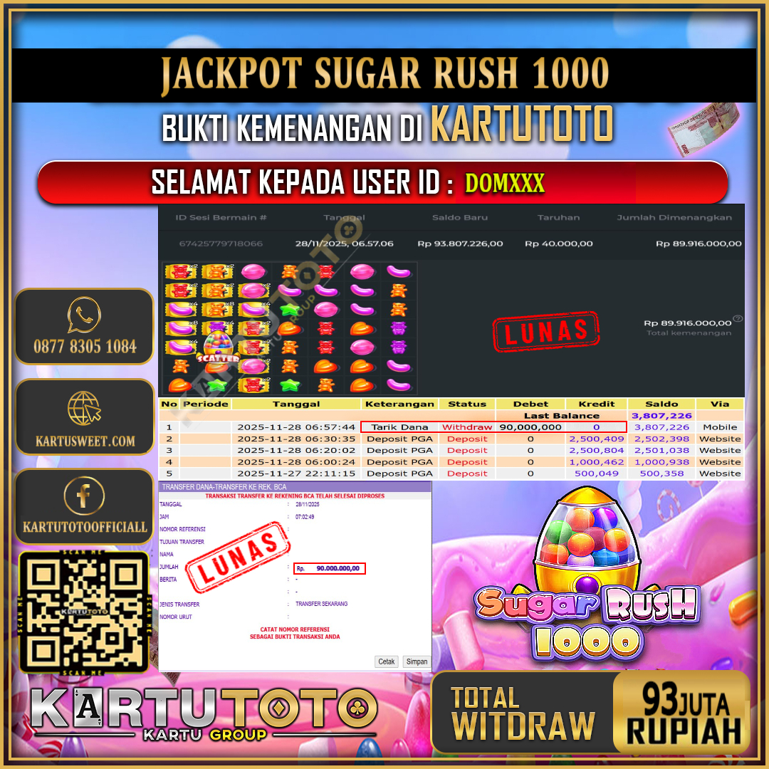 KARTUTOTO JACKPOT SLOT SWEET BONANZA 1000 Rp.93.000.000,- LUNAS USER ID : DOM***	