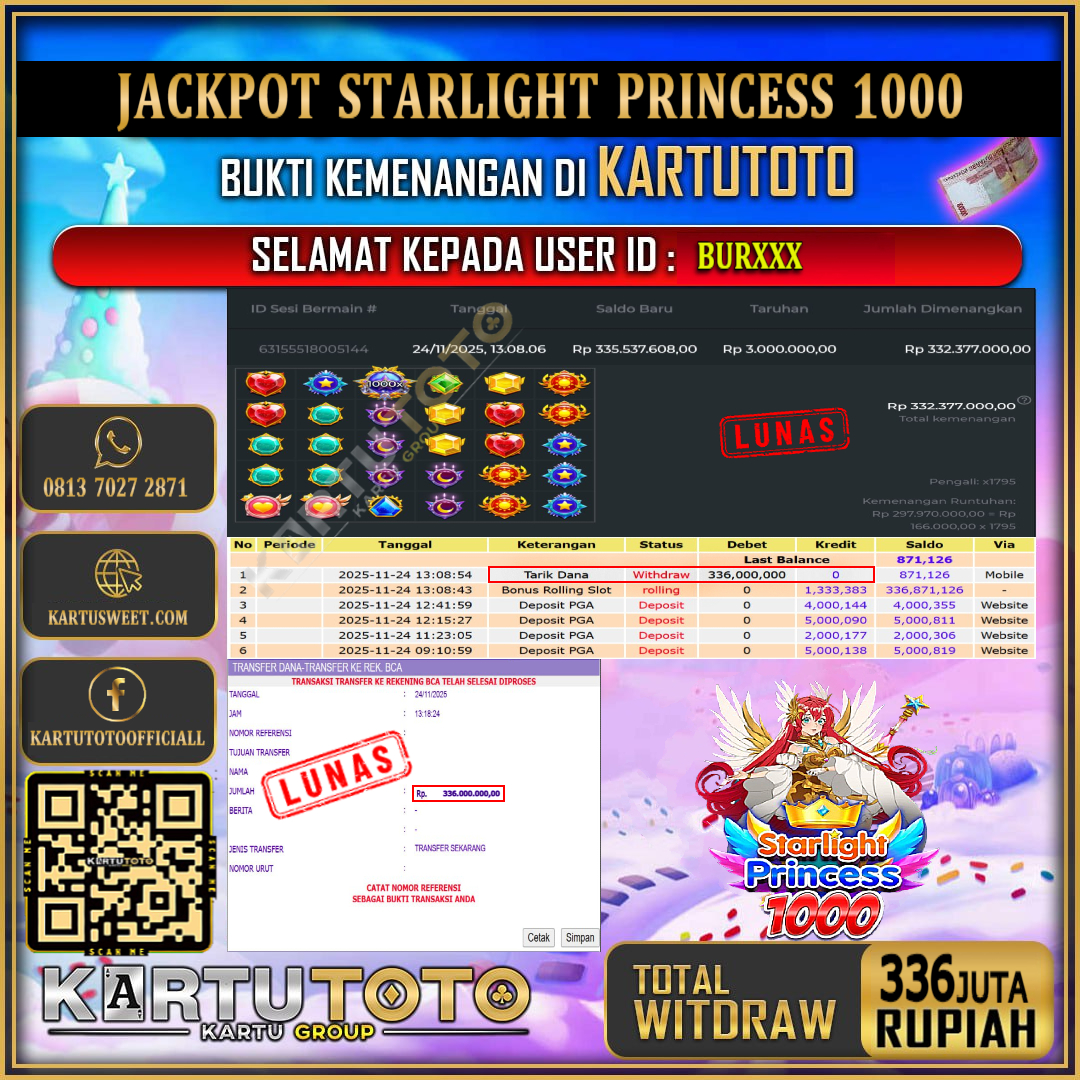 KARTUTOTO JACKPOT SLOT STARLIGHT PRINCESS 1000 Rp.336.000.000,- LUNAS USER ID : BUR***	