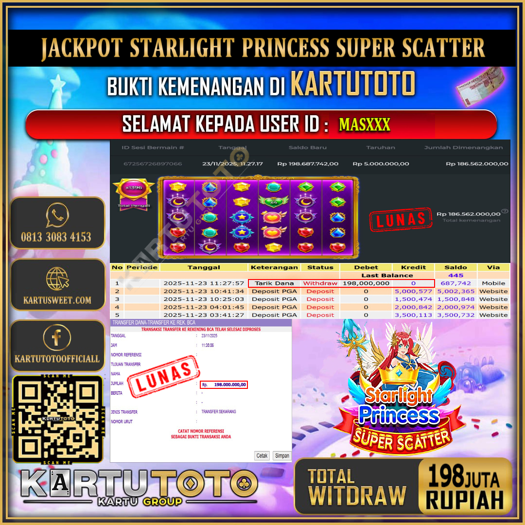 KARTUTOTO JACKPOT SLOT STARLIGHT PRINCESS SUPER SCATTER Rp.198.000.000,- LUNAS USER ID : MAS***	