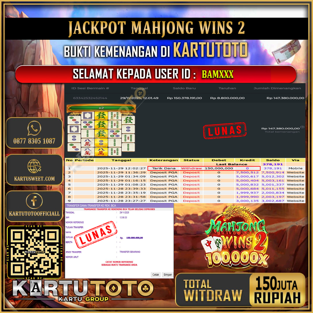 KARTUTOTO JACKPOT SLOT MAHJONG WINS 2 Rp.150.000.000,- LUNAS USER ID : BAM***	