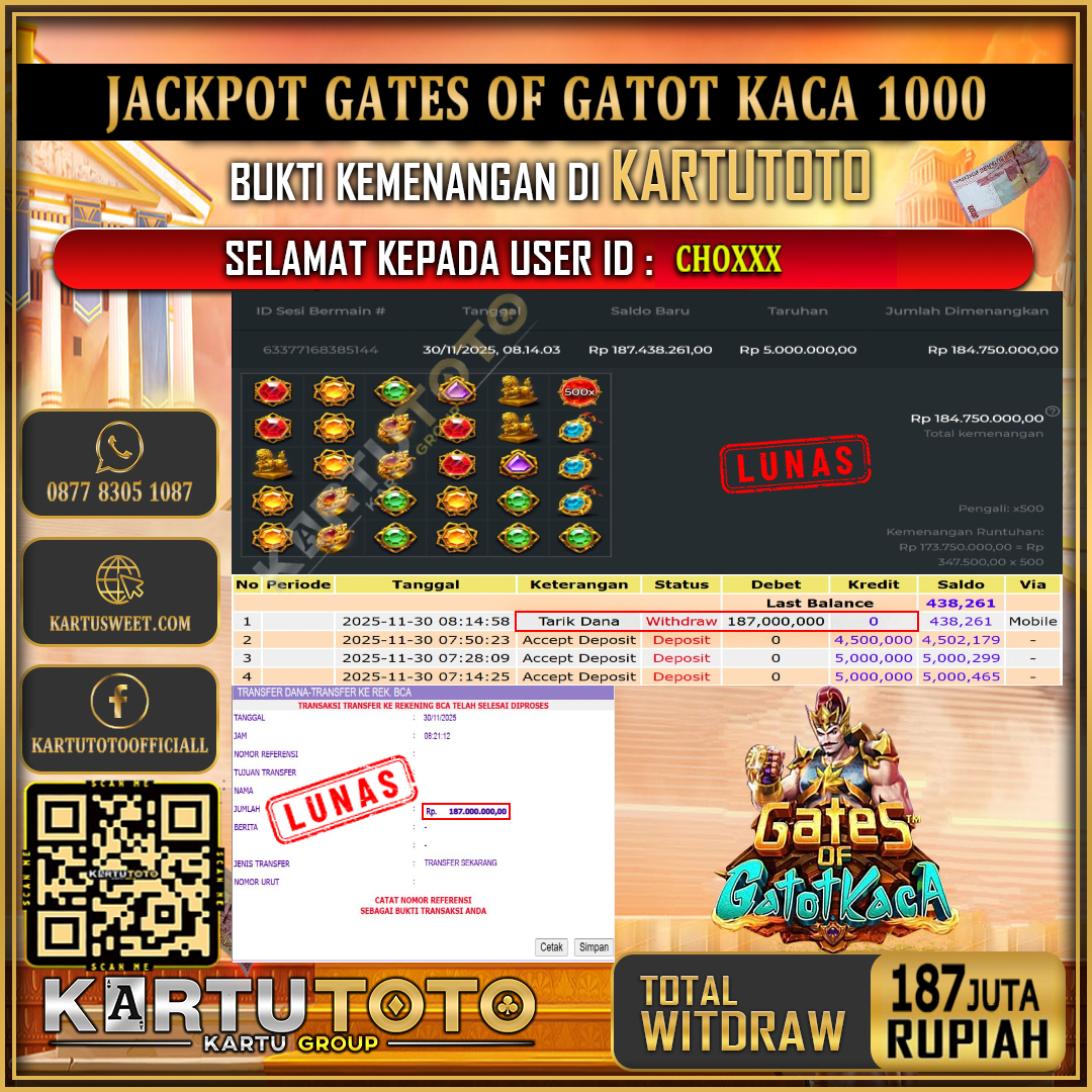 KARTUTOTO JACKPOT SLOT GATES OF GATOT KACA 1000 Rp.187.000.000,- LUNAS USER ID : CHO***	