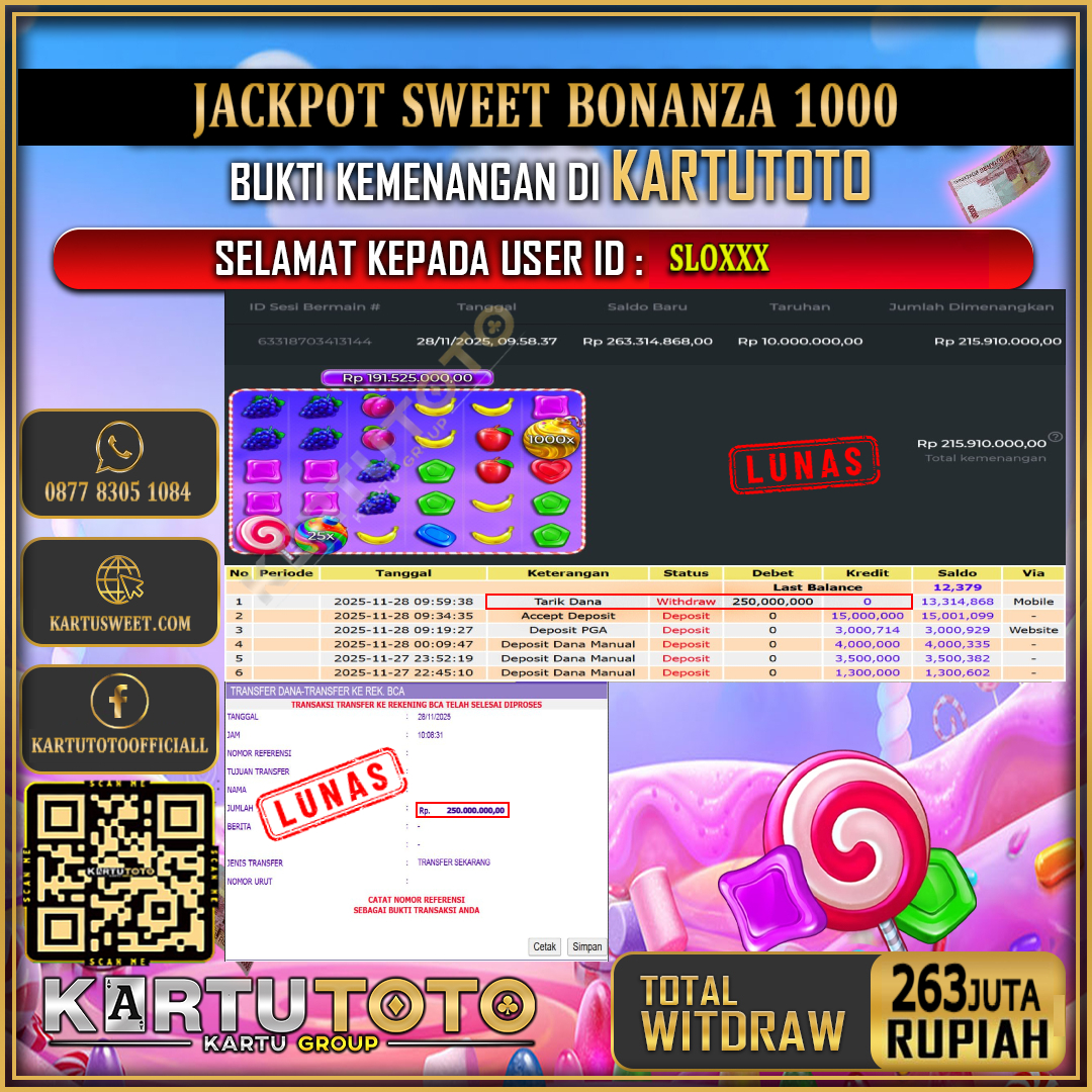 KARTUTOTO JACKPOT SLOT SWEET BONANZA 1000 Rp.263.000.000,- LUNAS USER ID : SLO***	